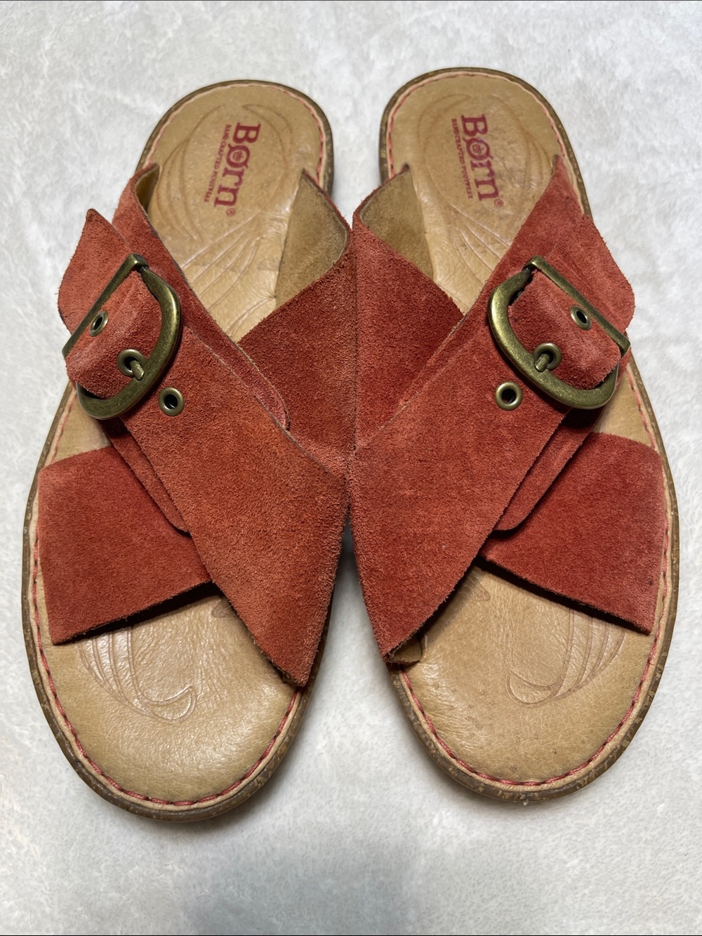 Born Women's Rust Red Suede Crisscross Slide Mules with Buckle Size 6